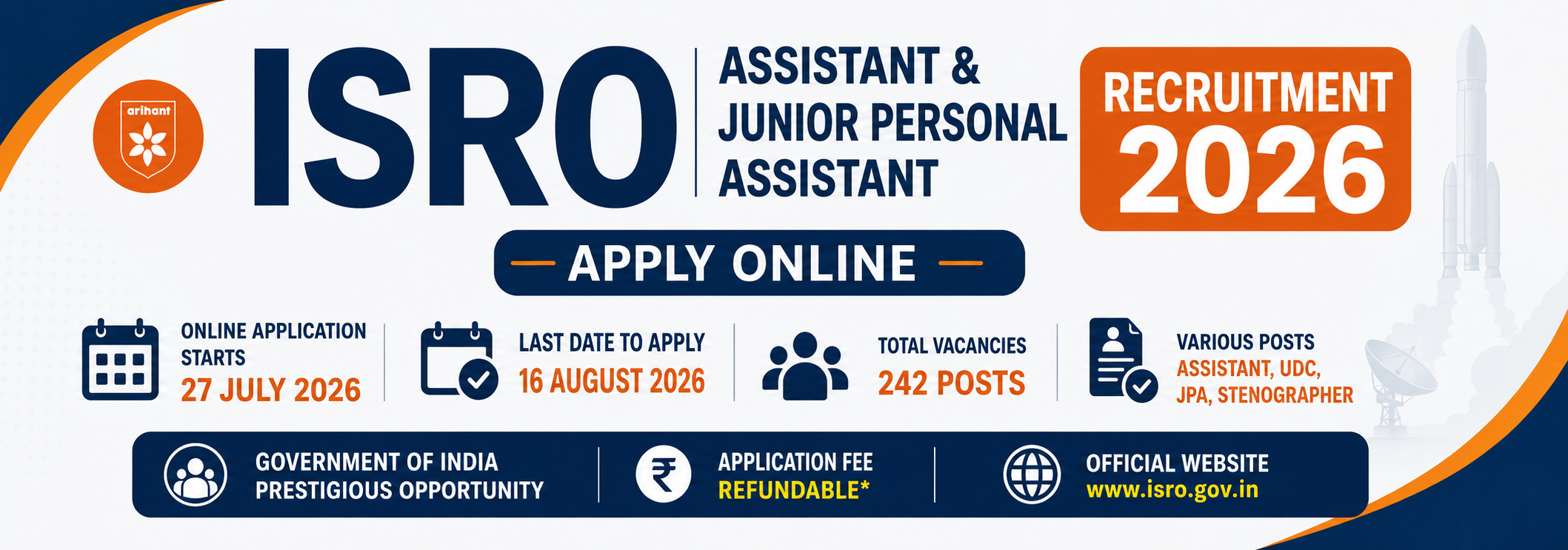 ISRO Assistant & Junior Personal Assistant Recruitment 2026: Apply Online