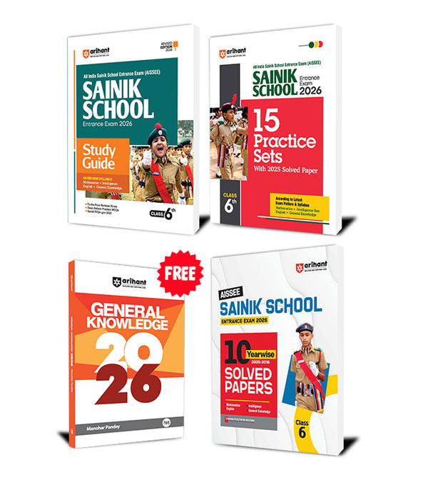Combo of Sainik School Class 6th Exam 2026 | Study Guide with 10 yearwise solved Papers (2025-2016) & 15 Practice Sets | With Free General Knowledge 2026