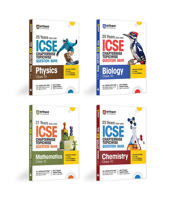 Combo of ICSE 25 Year Chapterwise-Topicwise Question Bank Class 10th | Biology, Chemistry, Mathematics & Physics | English Medium