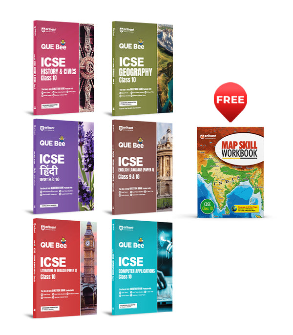 Combo of ICSE QUE Bee Class 10th Exam 2026 | Computer Application, English Lit, Geography. Hindi, History & Civics, English (9 &  10)| With Free Map Skill Social Sciene Class 10th