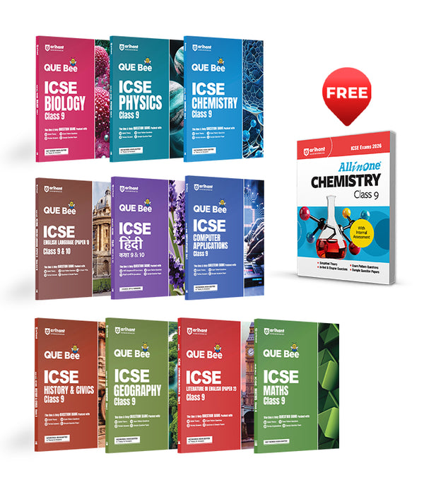 Combo of ICSE QUE Bee Class 9th Exam 2026| Bio, Chemistry, Computer Application, English Lit, Geography. Hindi, History & Civics, Maths, Physics & English (9 & 10) | With Free AIO Chemitry Class 9th