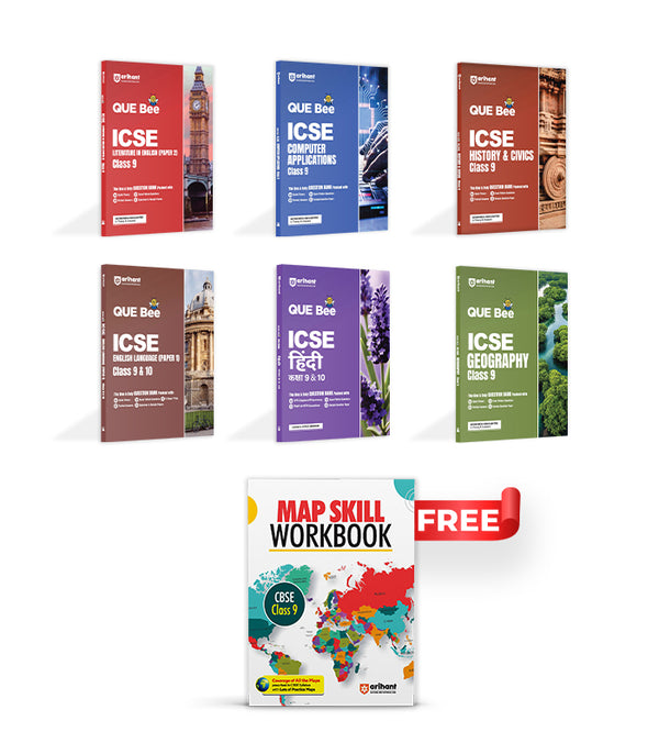 Combo of ICSE QUE Bee Class 10th Exam 2026 | Computer Application, English Lit, Geography. Hindi, History & Civics, English (9 &  10)| With Free Map Skill Social Sciene Class 9th