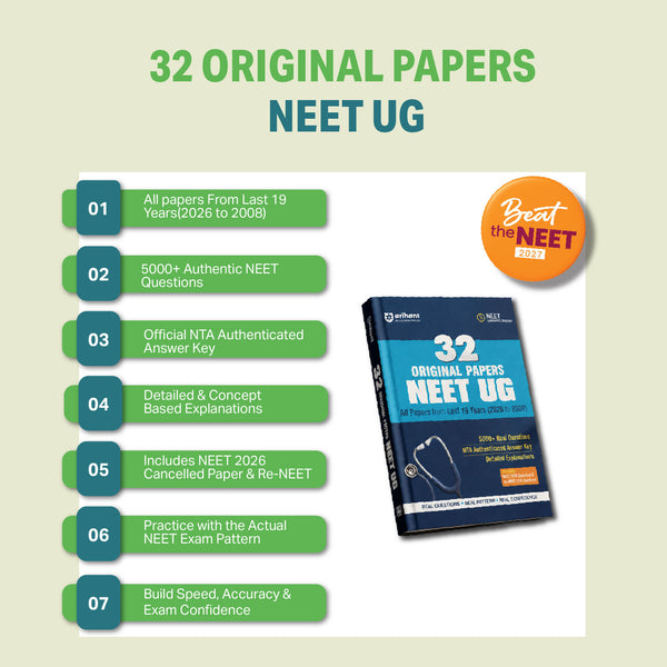 32 Original Papers NEET (UG) 2027 | 19 Years (2026–2008) Papers Including Re-NEET 2026 with 5000+ Real Questions | NTA Authenticated Answer Key & Detailed Explanations | NEET UG Confidence Booster