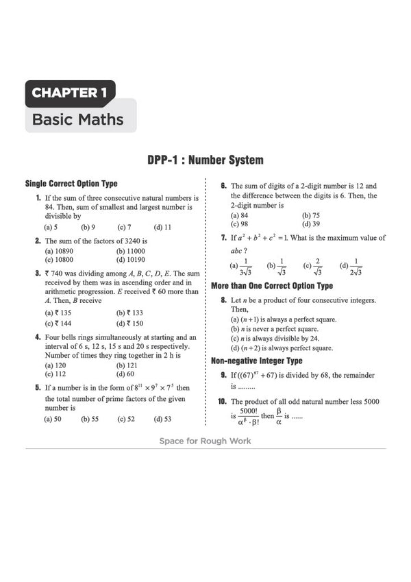 Chapter 1 Basic Maths textbook page from Arihant Prep Master JEE Main and Advanced Mathematics Class 11 displaying DPP-1 on Number System featuring single correct, more than one correct, and non-negative integer type problems on factors, arithmetic progressions, LCM applications, prime factors, and modular arithmetic remainder theorems with space for rough work