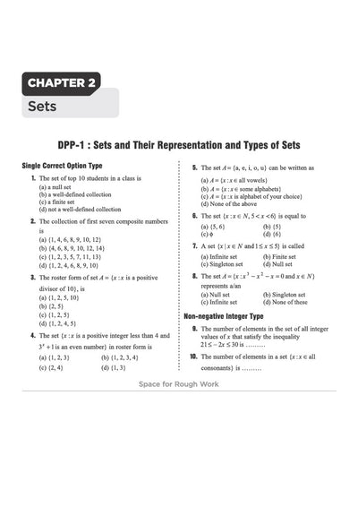 Chapter 2 Sets textbook page from Arihant Prep Master JEE Main and Advanced Mathematics Class 11 displaying DPP-1 on Sets and Their Representation and Types of Sets featuring single correct multiple-choice questions on well-defined collections, roster forms, set-builder notations, and non-negative integer type inequality problems with space for rough work