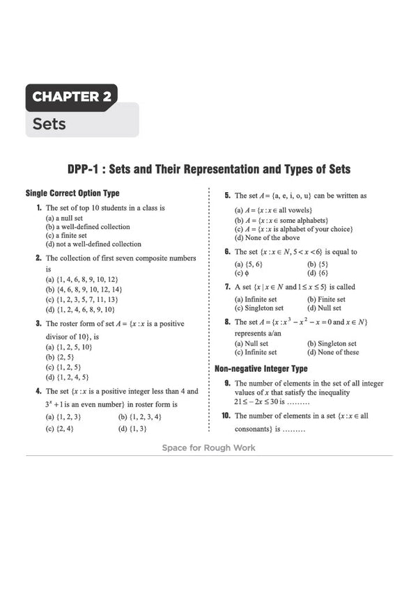 Chapter 2 Sets textbook page from Arihant Prep Master JEE Main and Advanced Mathematics Class 11 displaying DPP-1 on Sets and Their Representation and Types of Sets featuring single correct multiple-choice questions on well-defined collections, roster forms, set-builder notations, and non-negative integer type inequality problems with space for rough work