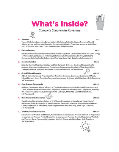 Table of Contents what is inside index page from Arihant All in One Chemistry Class 12 textbook detailing complete chapterwise syllabus coverage across physical, inorganic, and organic chemistry fields including solutions electrochemistry kinetics coordination complexes and haloalkanes with page numbers