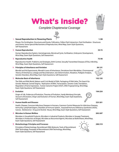 Table of Contents index page from Arihant All in One Biology Class 12 textbook detailing complete chapter-wise syllabus tracking from sexual reproduction in flowering plants and molecular inheritance to biotechnology principles with page numbers