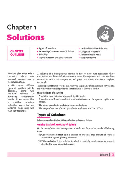 Arihant All in One Chemistry Class 12 Chapter 1 Solutions sample page showing chapter outlines core definitions of solvent and solute characteristics of solutions and types based on amount of solute