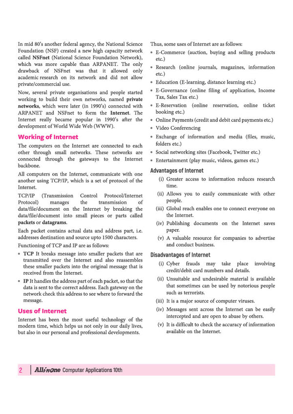 Arihant Class 10 Computer Applications index for Internet Basics and Internet Services covering WWW, Web Address, URL, Protocols, and Mobile Technologies