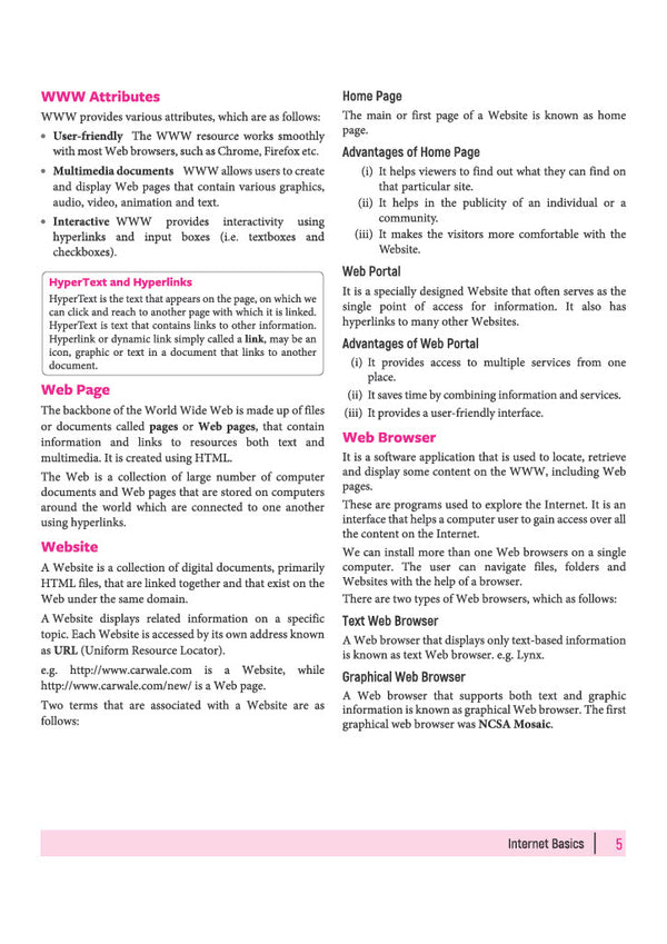 Arihant Class 10 Computer Applications index for Internet Basics and Internet Services covering WWW, Web Address, URL, Protocols, and Mobile Technologies