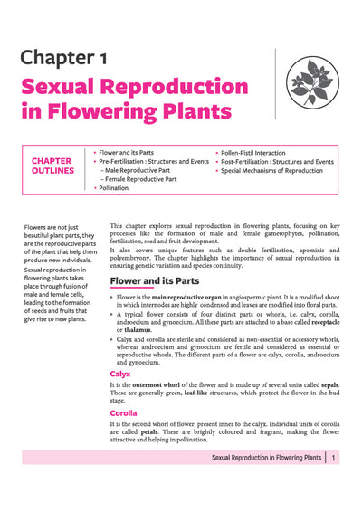 Arihant All in One Biology Class 12 Chapter 1 Sexual Reproduction in Flowering Plants sample page explaining floral structures calyx corolla and receptacle morphology