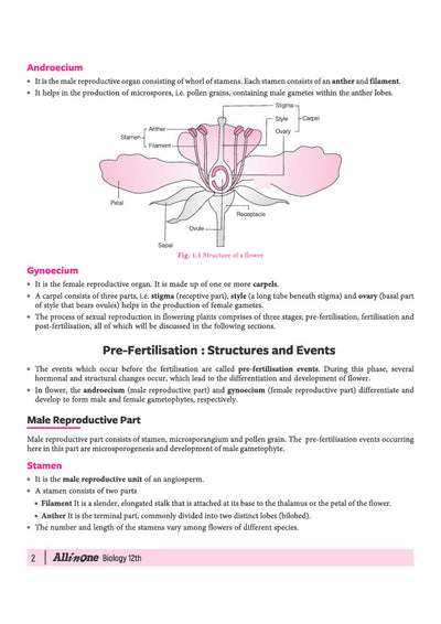 Arihant All in One Biology Class 12 Chapter 1 Sexual Reproduction in Flowering Plants sample page explaining floral structures calyx corolla and receptacle morphology