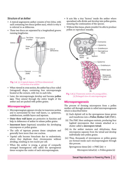 Arihant All in One Biology Class 12 Chapter 1 Sexual Reproduction in Flowering Plants sample page explaining floral structures calyx corolla and receptacle morphology
