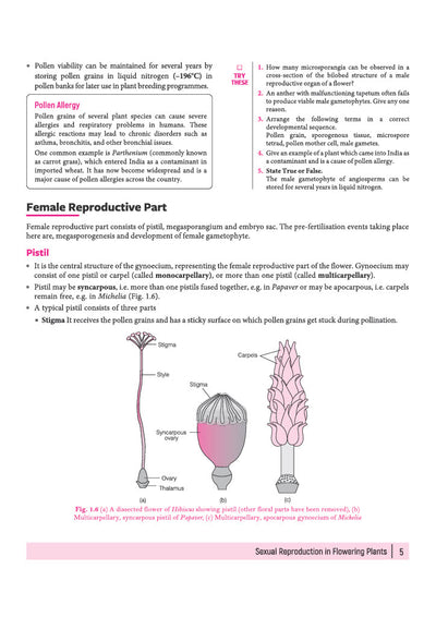Arihant All in One Biology Class 12 Chapter 1 Sexual Reproduction in Flowering Plants sample page explaining floral structures calyx corolla and receptacle morphology