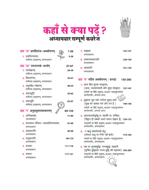 Table of Contents - Arihant All in One Sanskrit Sharda Class 9 for CBSE Exam 2026-27 | Syllabus Index Chapter List featuring Sanskrit Vyakaran, Patralekhanam, and Shemushi Sharda Text Book Notes