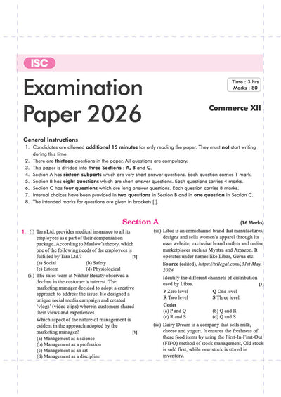 ISC Commerce Class 12 Question Bank for Exam 2027 | 26 Years Chapterwise PYQs (2026–2001) with Detailed Step-by-Step Answers, Examiner's Comments, Smart Tips & 3 Sample Papers