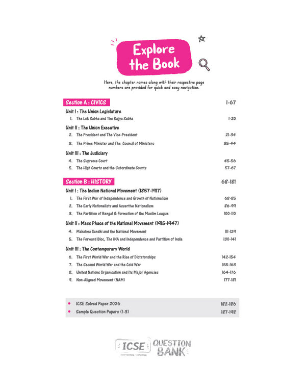 ICSE History & Civics Class 10 Question Bank for Exam 2027 | 26 Years Chapterwise & Topicwise PYQs (2026–2001) with Detailed Step-by-Step Answers, Examiner's Comments, Smart Tips & 3 Sample Papers