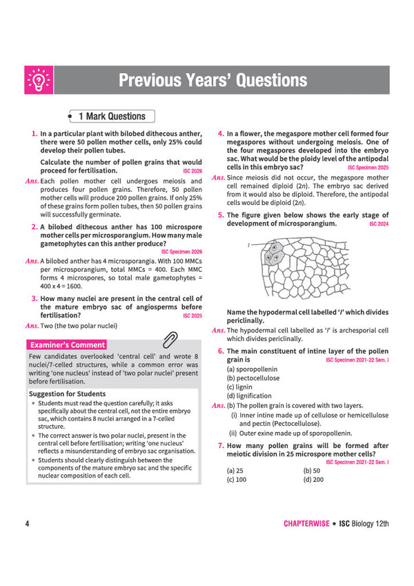 ISC Biology Class 12 Question Bank for Exam 2027 | 26 Years Chapterwise & Topicwise PYQs (2026–2001) with Detailed Step-by-Step Answers, Examiner's Comments, Smart Tips & 3 Sample Papers