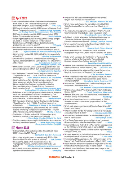 Current Affairs Half-Yearly Sample Page with Events, Schemes and Infographics