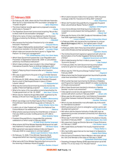 Current Affairs Half-Yearly Sample Page with Events, Schemes and Infographics