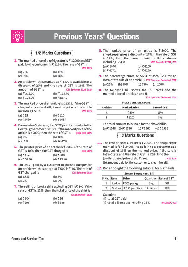 ICSE Mathematics Class 10 Question Bank for Exam 2027 | 26 Years Chapterwise & Topicwise PYQs (2026–2001) with Detailed Step-by-Step Answers, Examiner's Comments, Smart Tips & 3 Sample Papers