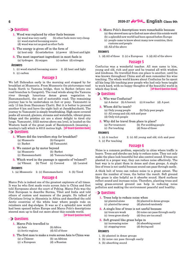 Avtar UP Board English Class 9 Exam 2027 | Chapterwise Question Bank | 3 Practice Papers | Unit Test | OMR Sheet | Based on NCERT & NEP 2020