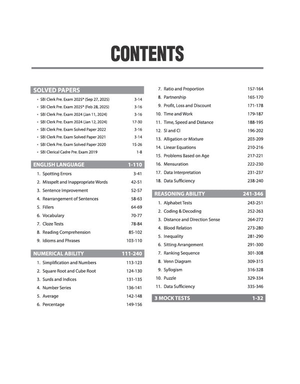 SBI Clerk Pre (Phase I) Exam 2026-27 Study Guide | Junior Associates, Customer Support & Sales | Complete Syllabus | Sectionwise To-the-Point Notes | 2000+ MCQs | Latest Solved Paper 2025