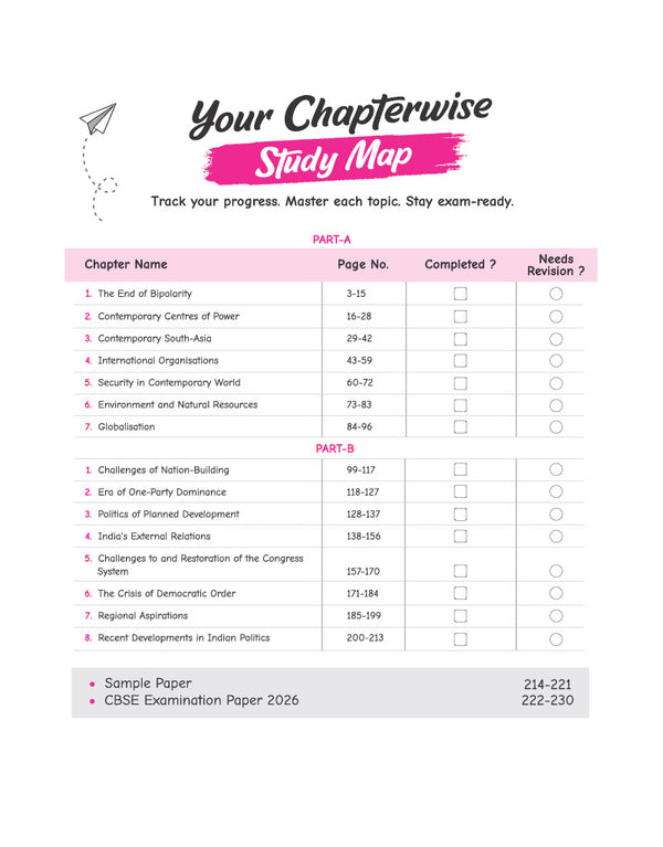 CBSE Political Science Class 12 Chapterwise Question Bank for Board Exam 2027 | Chapterwise PYQs with Revision Theory, Detailed Answers, Exam Tips & Sample Papers as per Latest CBSE Syllabus & Exam Pattern