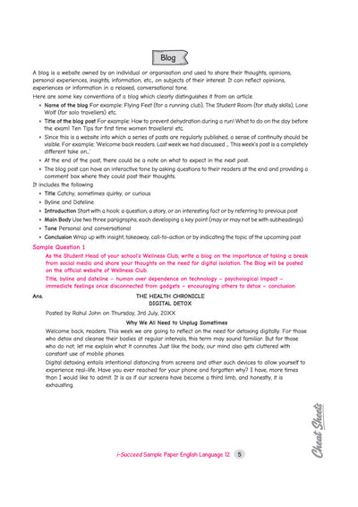 i-Succeed ISC 10 Sample Question Papers Class 12 English Language (Paper 1) Exam 2027 | Exploring Directed Line, Council Style Detailed Answers, Latest Specimen with Detailed Answers | Based on ISC Syllabus 2027