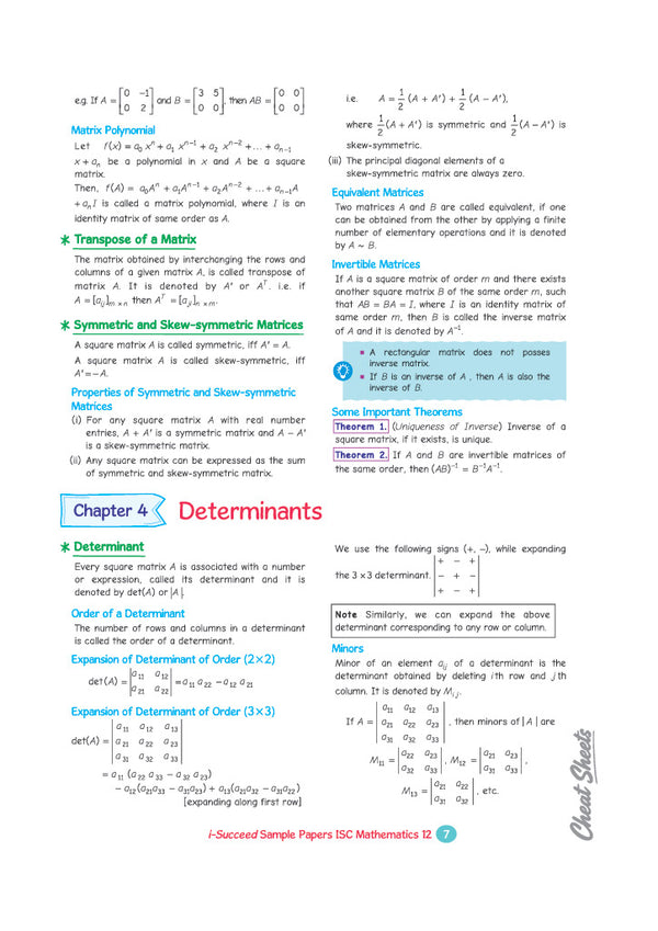 i-Succeed ICSE 10 Sample Question Papers Class 12 Mathematics Exam 2027 | Colour-Coded Revision Cheat Sheets, Council Style Detailed Answers, Mind Maps for Last Minute Revision | Based on ISC Syllabus 2027