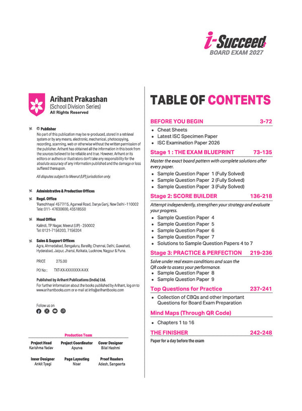 i-Succeed ICSE 10 Sample Question Papers Class 12 Mathematics Exam 2027 | Colour-Coded Revision Cheat Sheets, Council Style Detailed Answers, Mind Maps for Last Minute Revision | Based on ISC Syllabus 2027