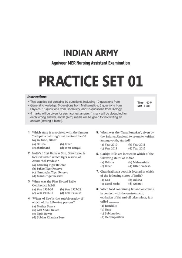 Indian Army Agniveer MER Nursing Assistant Exam | 30 Practice Sets Based on Latest Exam Pattern & Syllabus | Official Sample Papers, OMR-Based Answer Sheets, Detailed Solutions & Exam-Level Questions