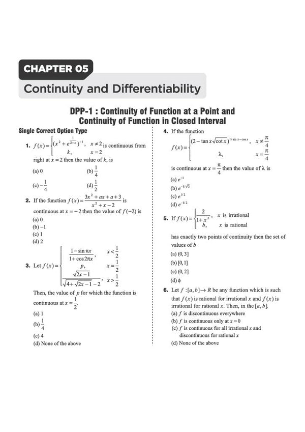 Chapter 05 Continuity and Differentiability textbook page from Arihant Prep Master JEE Main and Advanced Mathematics Class 12 displaying DPP-1 on Continuity of Function at a Point and Continuity of Function in Closed Interval featuring single correct multiple-choice questions on piecewise limits, irrational and rational Dirichlet-type function continuity, and indeterminant exponential forms