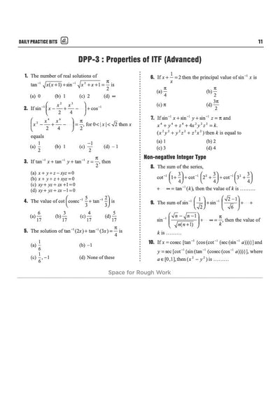 Chapter 02 Inverse Trigonometric Functions textbook page from Arihant Prep Master JEE Main and Advanced Mathematics Class 12 displaying DPP-1 on Principal Value and Branch of ITF featuring single correct type problems on composition of trigonometric functions, domain and range evaluations, and non-negative integer type equations with space for rough work