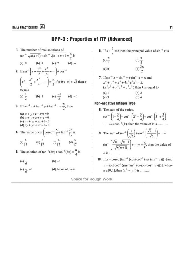 Chapter 02 Inverse Trigonometric Functions textbook page from Arihant Prep Master JEE Main and Advanced Mathematics Class 12 displaying DPP-1 on Principal Value and Branch of ITF featuring single correct type problems on composition of trigonometric functions, domain and range evaluations, and non-negative integer type equations with space for rough work
