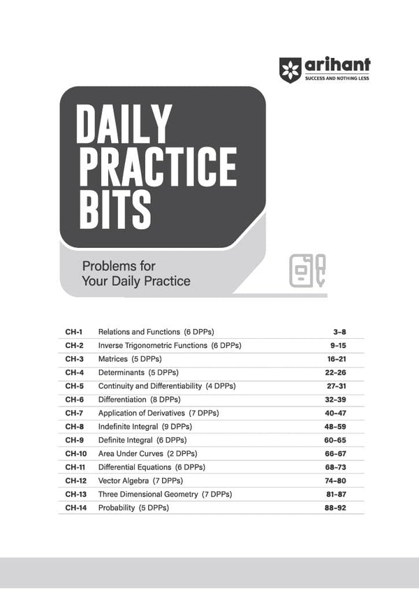 Table of Contents Daily Practice Bits index page from Arihant Prep Master JEE Main and Advanced Mathematics Class 12 textbook detailing a comprehensive 14-chapter syllabus tracking calculus, vectors, algebra, and probability with specific DPP paper distributions per chapter