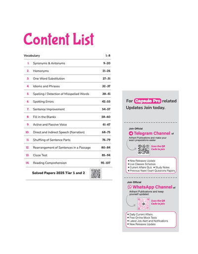 Table of Contents TOC page from Arihant SSC CGL Tier 1 and 2 English Language and Comprehension Capsule Pro Notes textbook showing a 14-chapter curriculum index from Synonyms and Antonyms to Reading Comprehension with a section for Solved Papers 2025