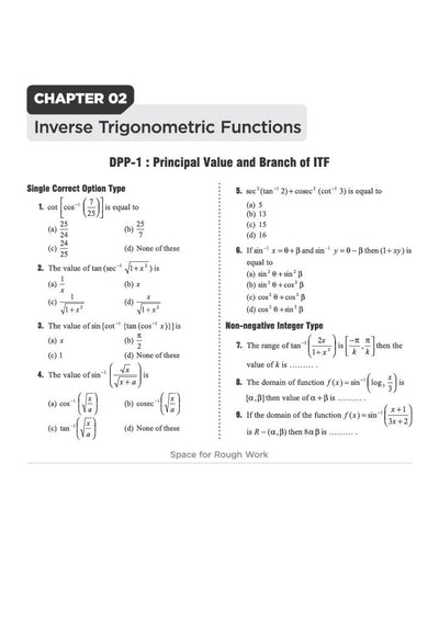 Chapter 02 Inverse Trigonometric Functions textbook page from Arihant Prep Master JEE Main and Advanced Mathematics Class 12 displaying DPP-1 on Principal Value and Branch of ITF featuring single correct type problems on composition of trigonometric functions, domain and range evaluations, and non-negative integer type equations with space for rough work