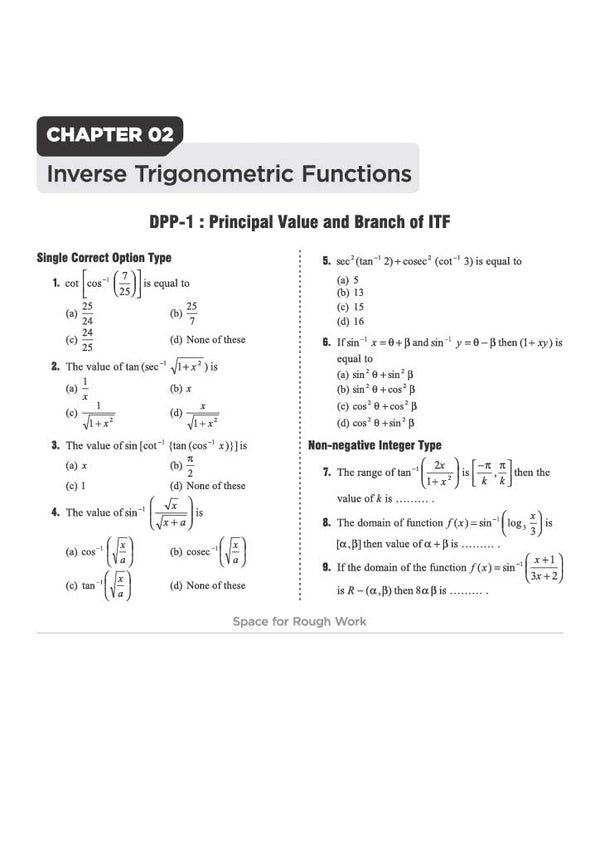Chapter 02 Inverse Trigonometric Functions textbook page from Arihant Prep Master JEE Main and Advanced Mathematics Class 12 displaying DPP-1 on Principal Value and Branch of ITF featuring single correct type problems on composition of trigonometric functions, domain and range evaluations, and non-negative integer type equations with space for rough work