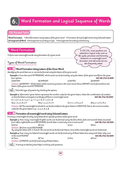 Chapter 6 Word Formation and Logical Sequence of Words textbook page from Arihant SSC CGL Tier 1 and 2 General Intelligence and Reasoning Capsule Pro Notes detailing word formation techniques using given or selected letters with SSC CGL Tier I 2025 and Tier II 2023 and 2024 question examples