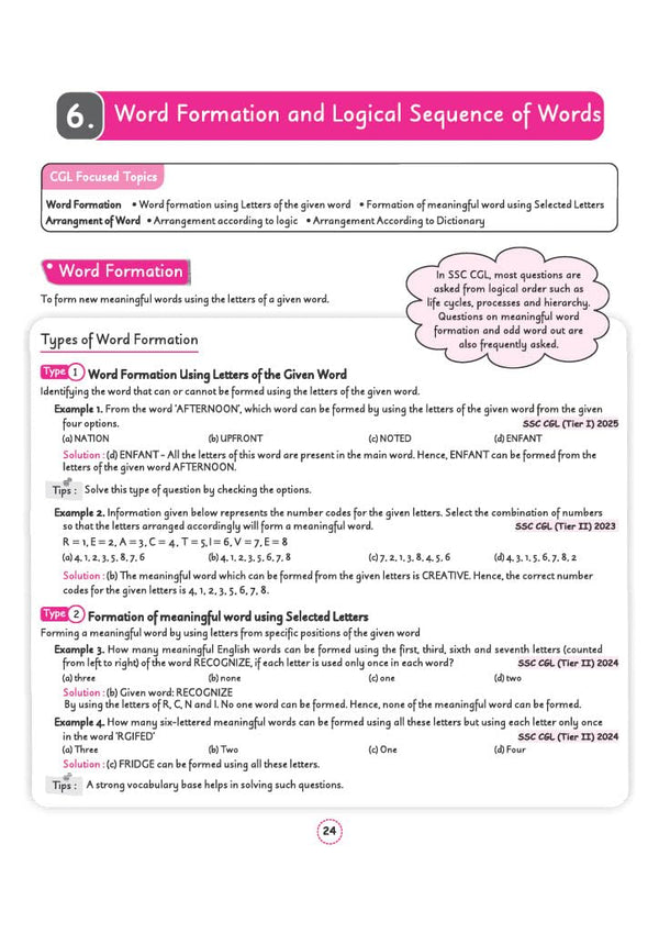 Chapter 6 Word Formation and Logical Sequence of Words textbook page from Arihant SSC CGL Tier 1 and 2 General Intelligence and Reasoning Capsule Pro Notes detailing word formation techniques using given or selected letters with SSC CGL Tier I 2025 and Tier II 2023 and 2024 question examples