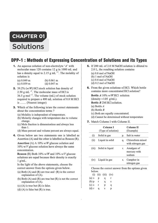 Chapter 01 Solutions textbook page from Arihant Prep Master JEE Main and Advanced Chemistry Class 12 showing DPP-1 Methods of Expressing Concentration of Solutions and its Types with multiple-choice questions, assertion-reasoning, numerical integer type problems, and a match-the-following types of solution table