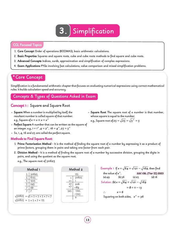 Chapter 3 Simplification textbook page from Arihant SSC CGL Tier 1 and 2 Quantitative Aptitude Capsule Pro Notes detailing square and square root core concepts, prime factorisation, and long division calculation methods with an SSC CGL Tier II 2023 question example