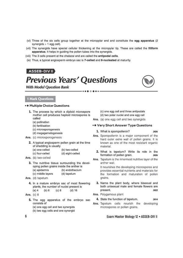 Exam Master Biology Class 12 for ASSEB Division-II Exam 2027 | Chapterwise & Topicwise Coverage of Complete Syllabus, Board Questions (2026–2009), Model Question Bank Solutions & Sample Papers