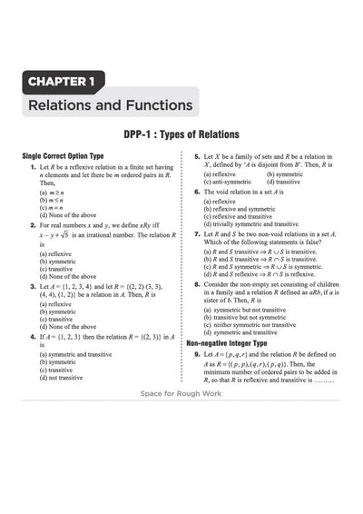 Chapter 1 Relations and Functions textbook page from Arihant Prep Master JEE Main and Advanced Mathematics Class 12 displaying DPP-1 on Types of Relations featuring single correct multiple-choice questions on reflexive ordered pairs, symmetric properties, transitive conditions, non-empty set element proofs, and non-negative integer type minimum ordered pair problems