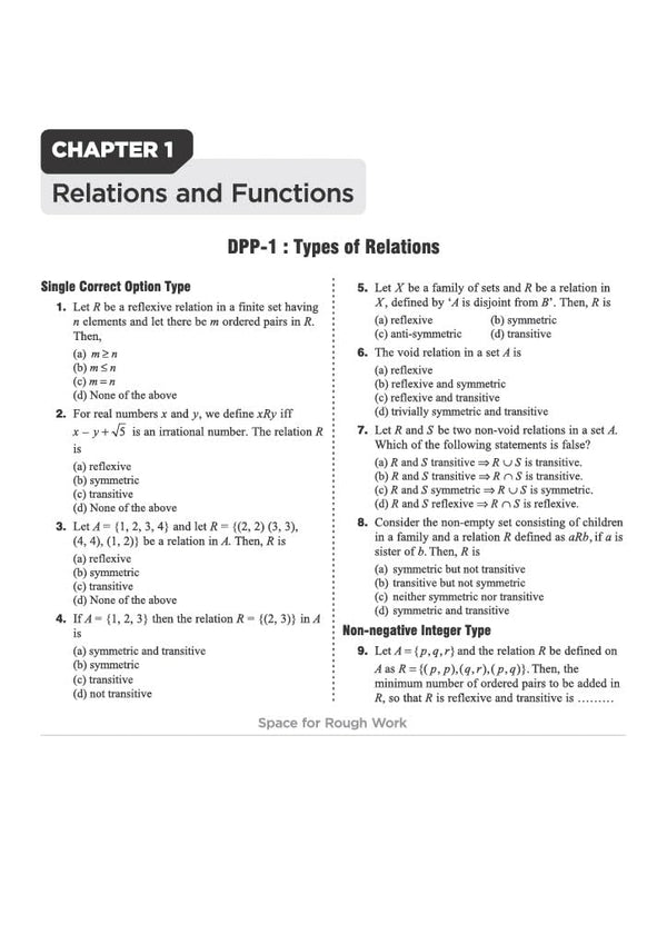 Chapter 1 Relations and Functions textbook page from Arihant Prep Master JEE Main and Advanced Mathematics Class 12 displaying DPP-1 on Types of Relations featuring single correct multiple-choice questions on reflexive ordered pairs, symmetric properties, transitive conditions, non-empty set element proofs, and non-negative integer type minimum ordered pair problems