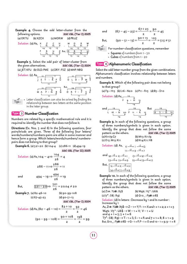 Chapter 3 Classification textbook page from Arihant SSC CGL Tier 1 and 2 General Intelligence and Reasoning Capsule Pro Notes detailing Word, Letter, Number, and Alphanumeric classification with SSC CGL Tier II 2025 question examples