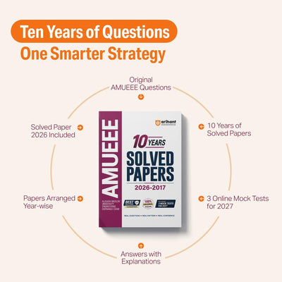 AMUEEE 2027 (Engineering Entrance Exam) | 10 Years Solved Papers (2026–2017) | 100% Original Questions with Detailed Solutions | 3 Mock Tests for 2027