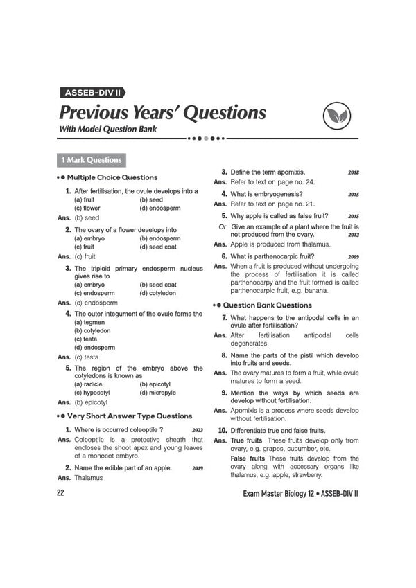 Exam Master Biology Class 12 for ASSEB Division-II Exam 2027 | Chapterwise & Topicwise Coverage of Complete Syllabus, Board Questions (2026–2009), Model Question Bank Solutions & Sample Papers